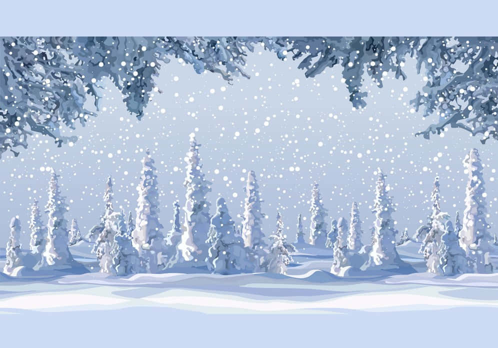 在寂靜的冬日森林中，雪花飄落下的積雪松樹。