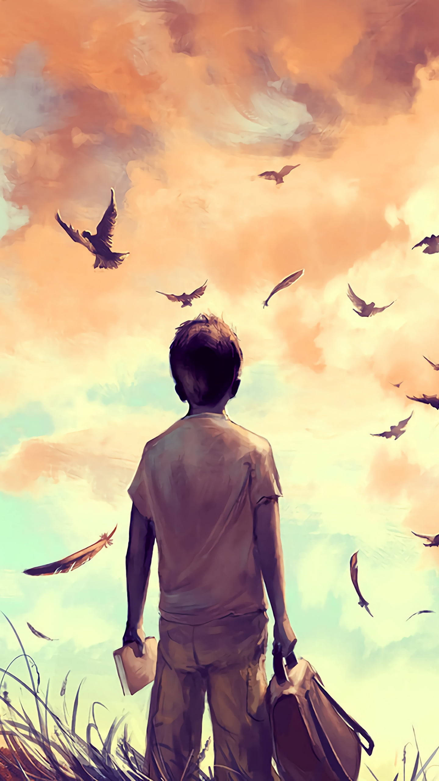 凝望夕陽天空的憂鬱男孩卡通 壁紙 — 一個男孩站在高高的草叢中仰望，鳥兒和羽毛在溫暖的金色天空中飄蕩。