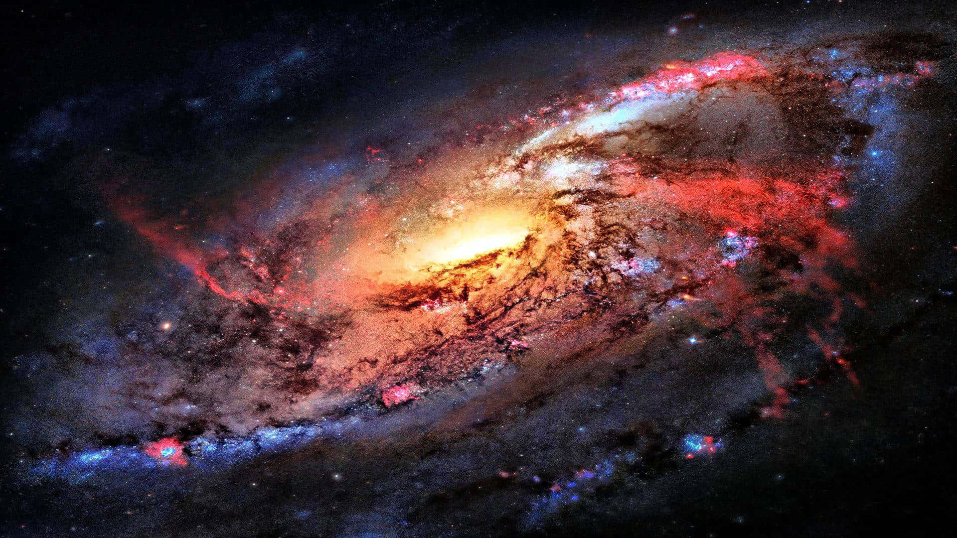 一個色彩繽紛的螺旋星系，帶有發光的旋臂和散落的恆星。
