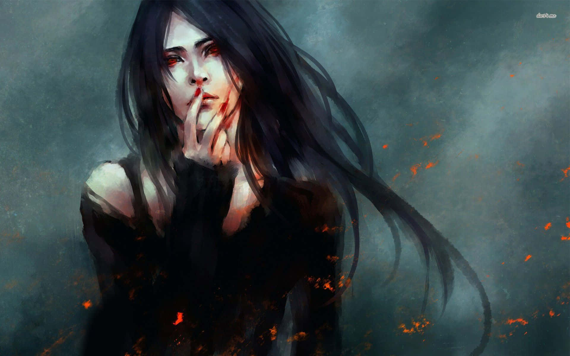 凝望夜空，感受吸血鬼的孤獨之路 壁紙 — 一個令人毛骨悚然的動漫女孩，長長的黑髮和紅色的眼睛，用沾滿血的手指觸摸嘴唇，背景是煙霧般的灰色。
