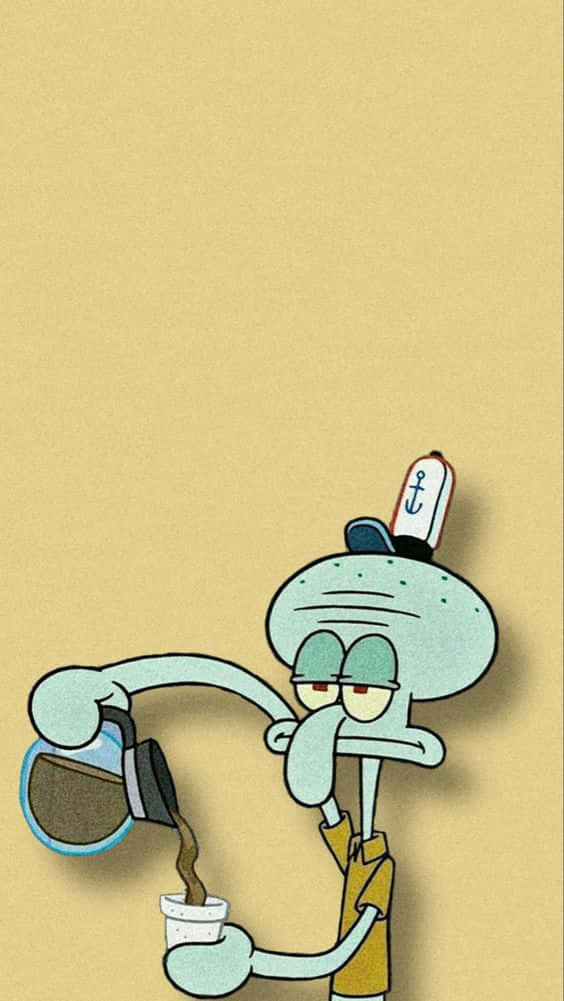 Squidward 倒咖啡時看起來疲倦又無聊。