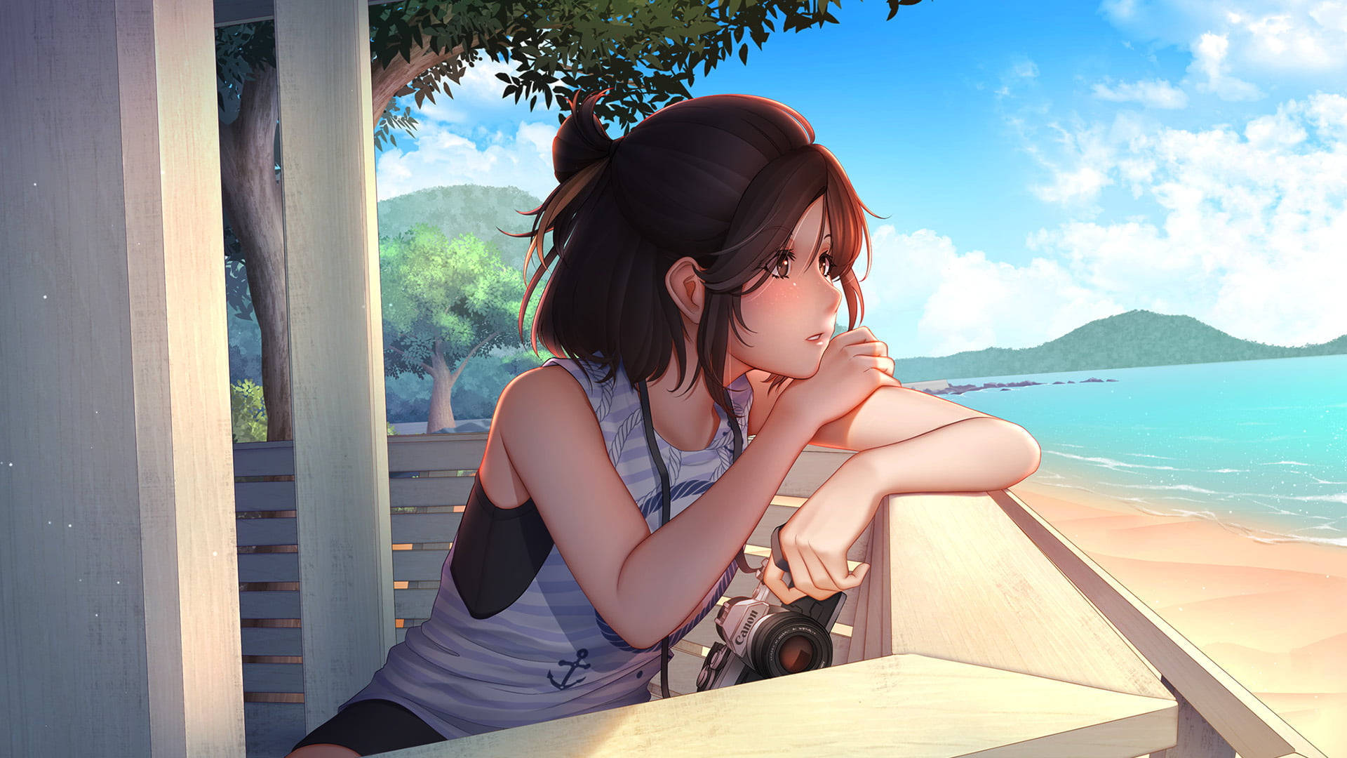 動漫女孩拿著相機在陽光燦爛的日子從木陽台眺望海洋