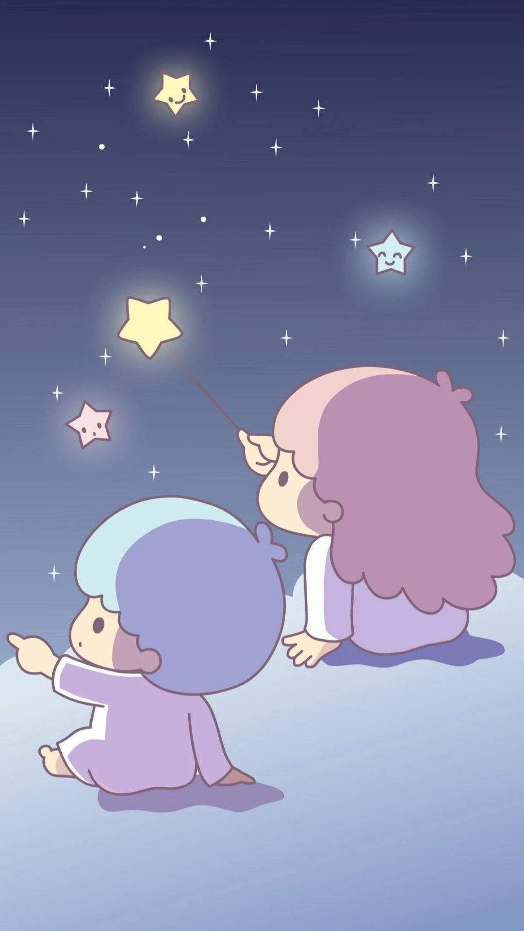 凝望小雙星 壁紙 — 兩個可愛的卡通小孩仰望柔和紫色夜空中微笑的星星。