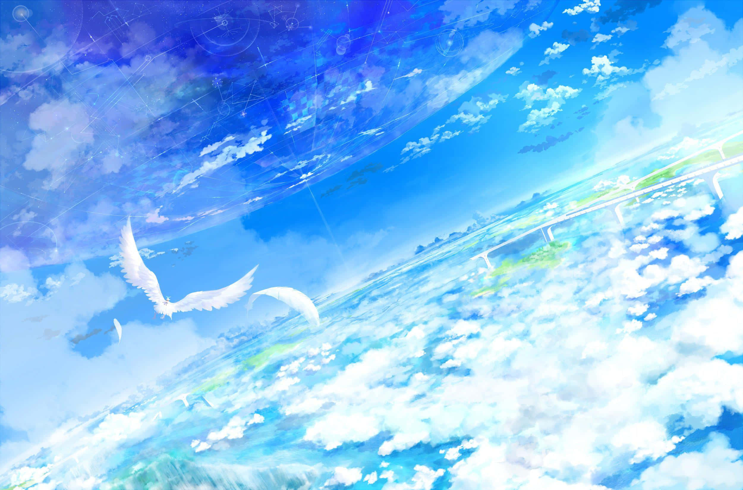 凝望美麗的動漫天空 壁紙 — 白翼鳥在充滿天體圖案的湛藍天空下，翱翔於蓬鬆雲層之上。