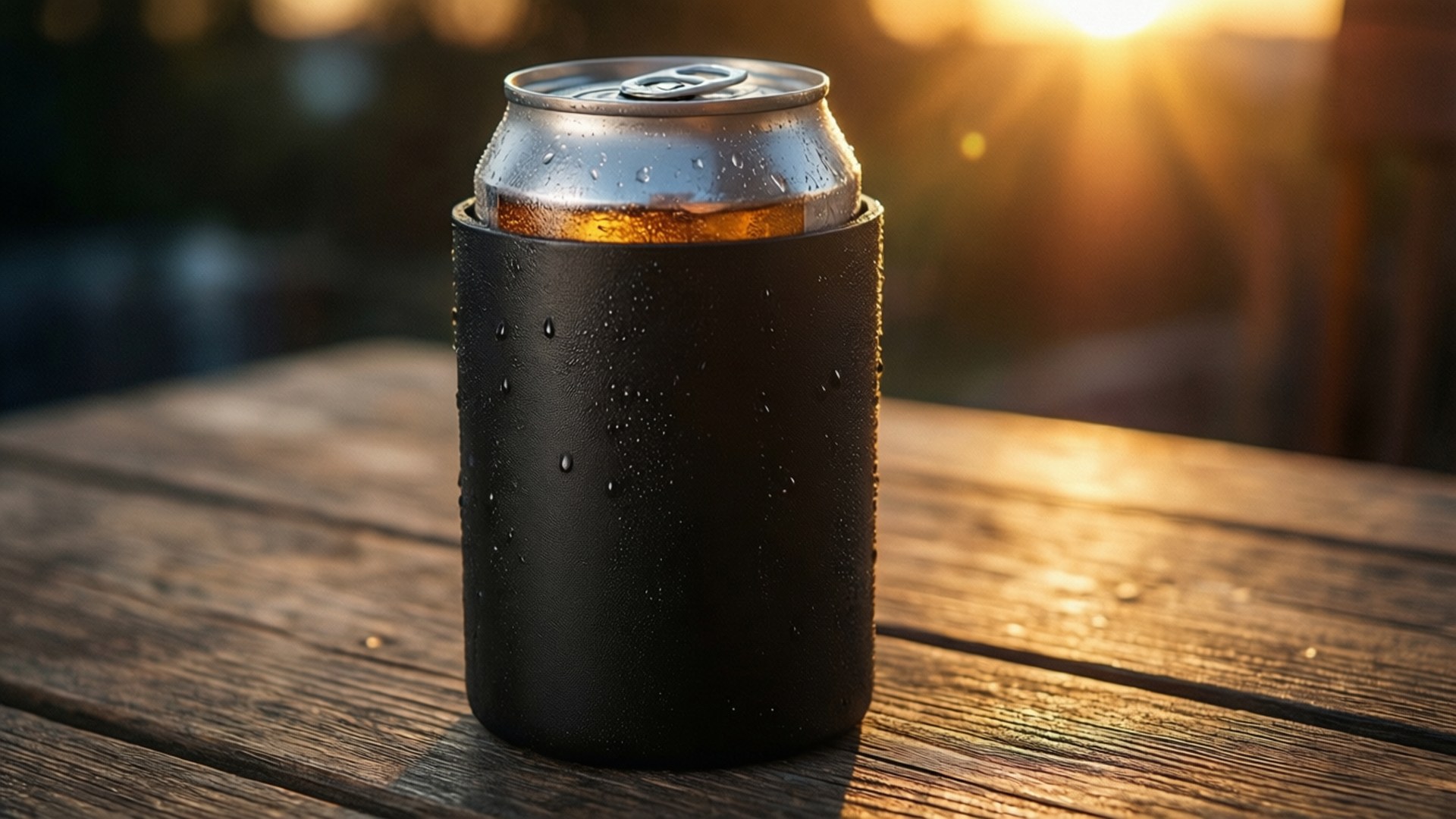 黑色啤酒保溫套中的冰凍啤酒罐放在木桌上，金色夕陽