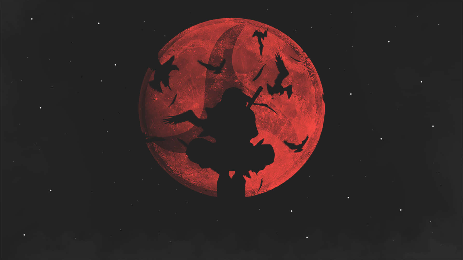 戰士剪影，鳥兒在夜間對著紅月飛翔。