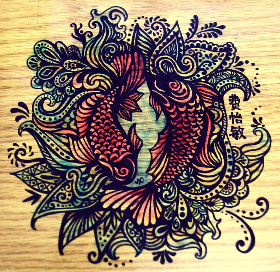 凝聚雙魚座的魔法 壁紙 — 兩條細節精緻的錦鯉在木頭上朝相反方向游動，周圍環繞著華麗的曼陀羅圖案。