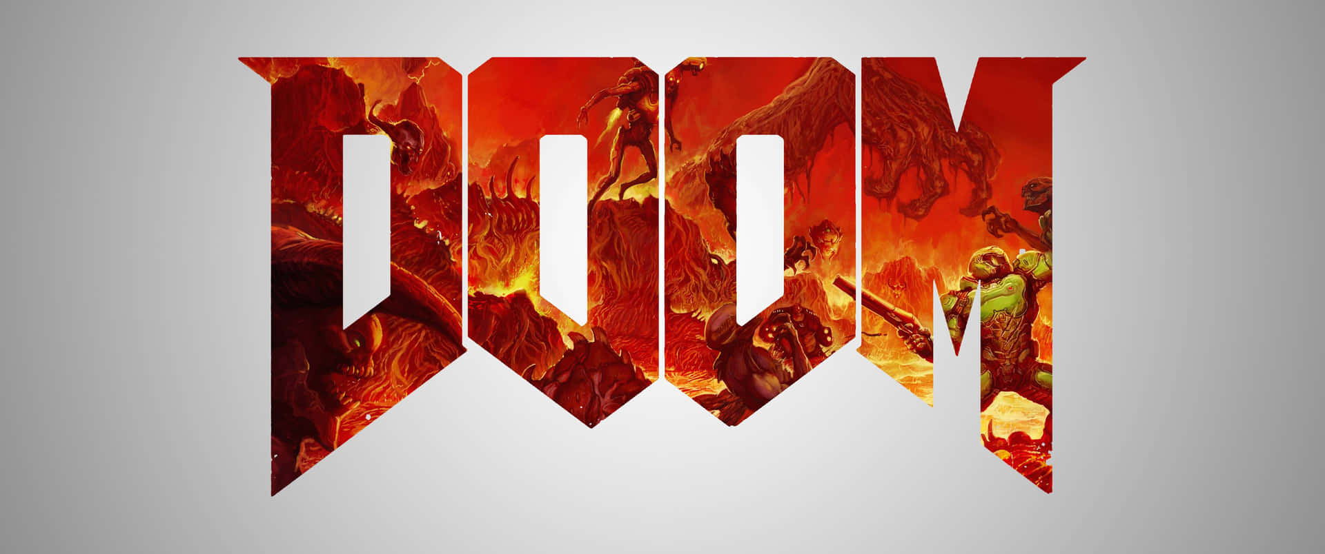 Doom 標誌，帶有惡魔和士兵在火焰地獄般的戰鬥場景中。
