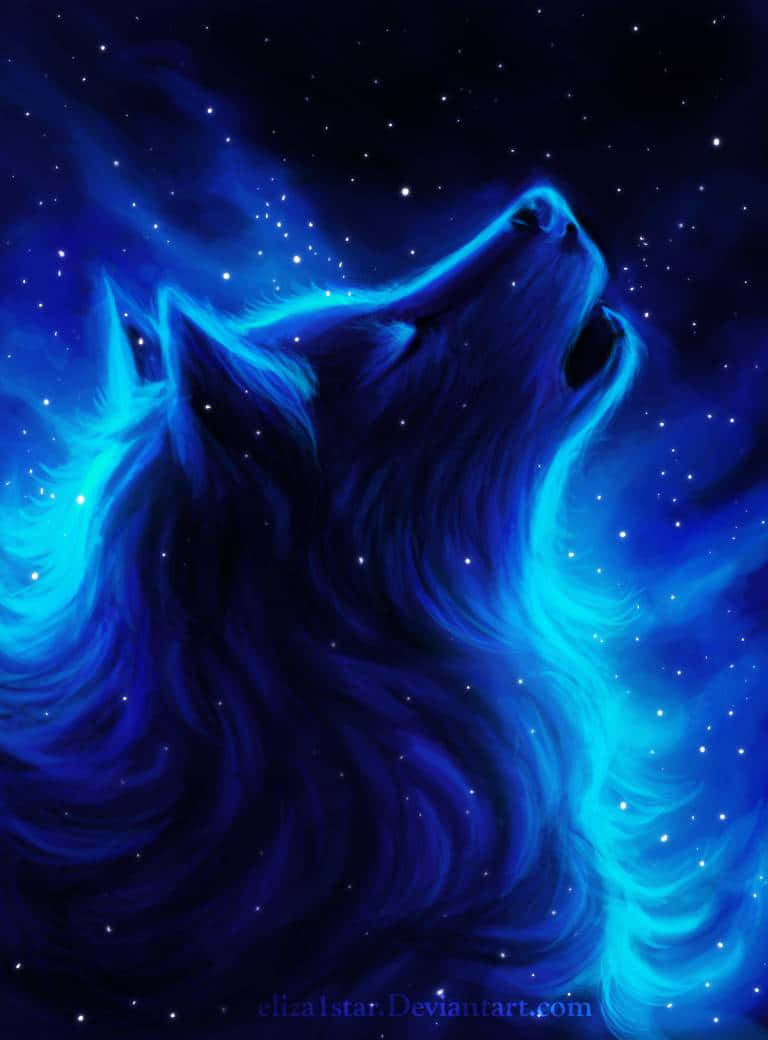 一頭發光的藍色狼在星空下嚎叫，周圍是宇宙漩渦。