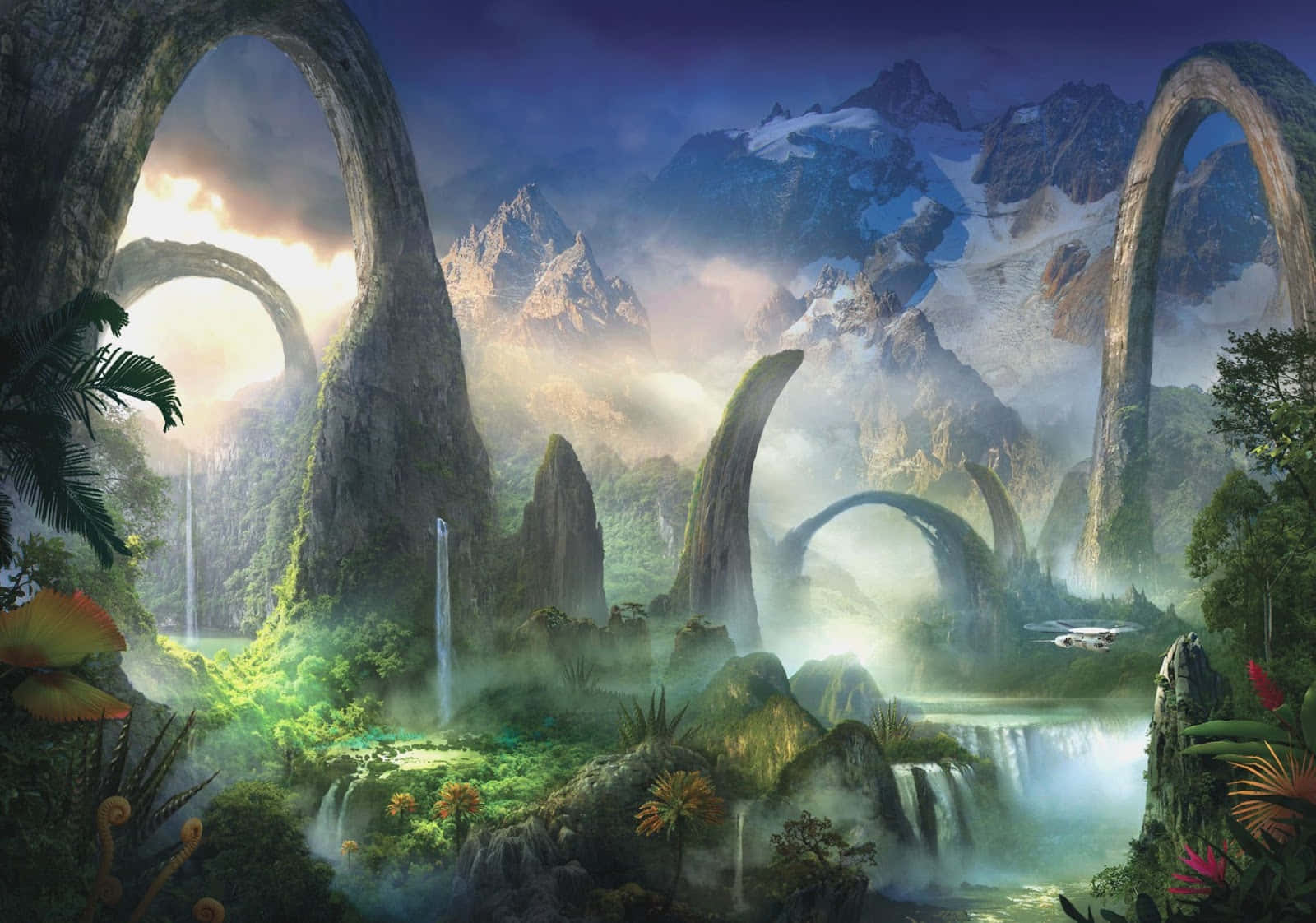 奇幻景觀，有巨大的石拱門、瀑布和暮色中霧氣繚繞的山脈。