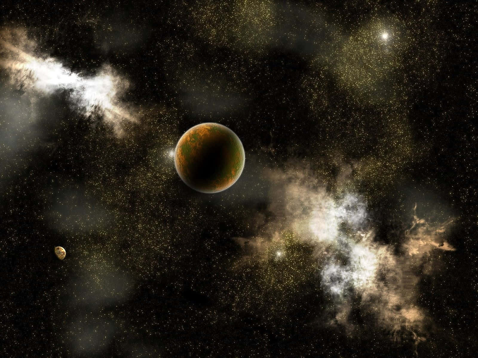 一顆被星星和宇宙雲層包圍的彩色行星，位於深空之中。