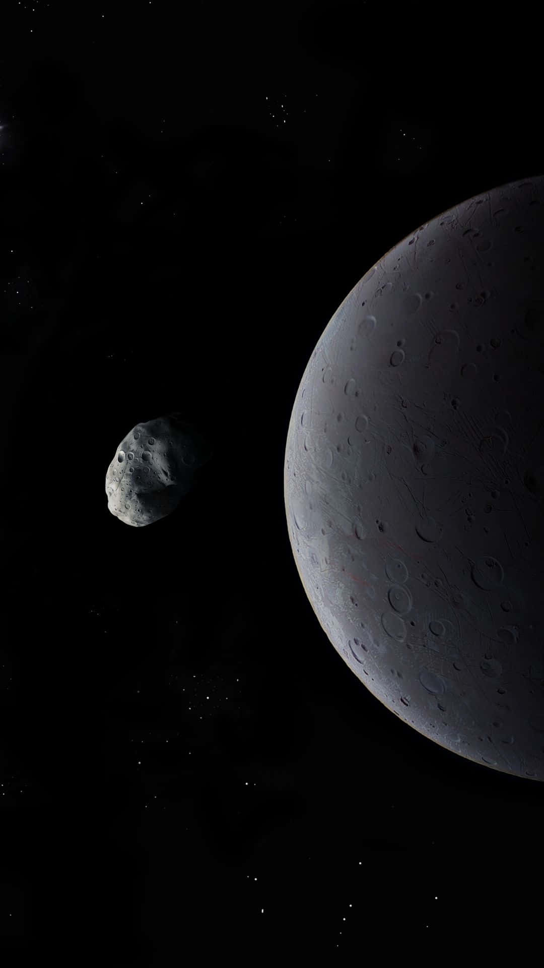 一個巨大的隕石坑月球和一顆較小的小行星漂浮在星空的黑暗中。