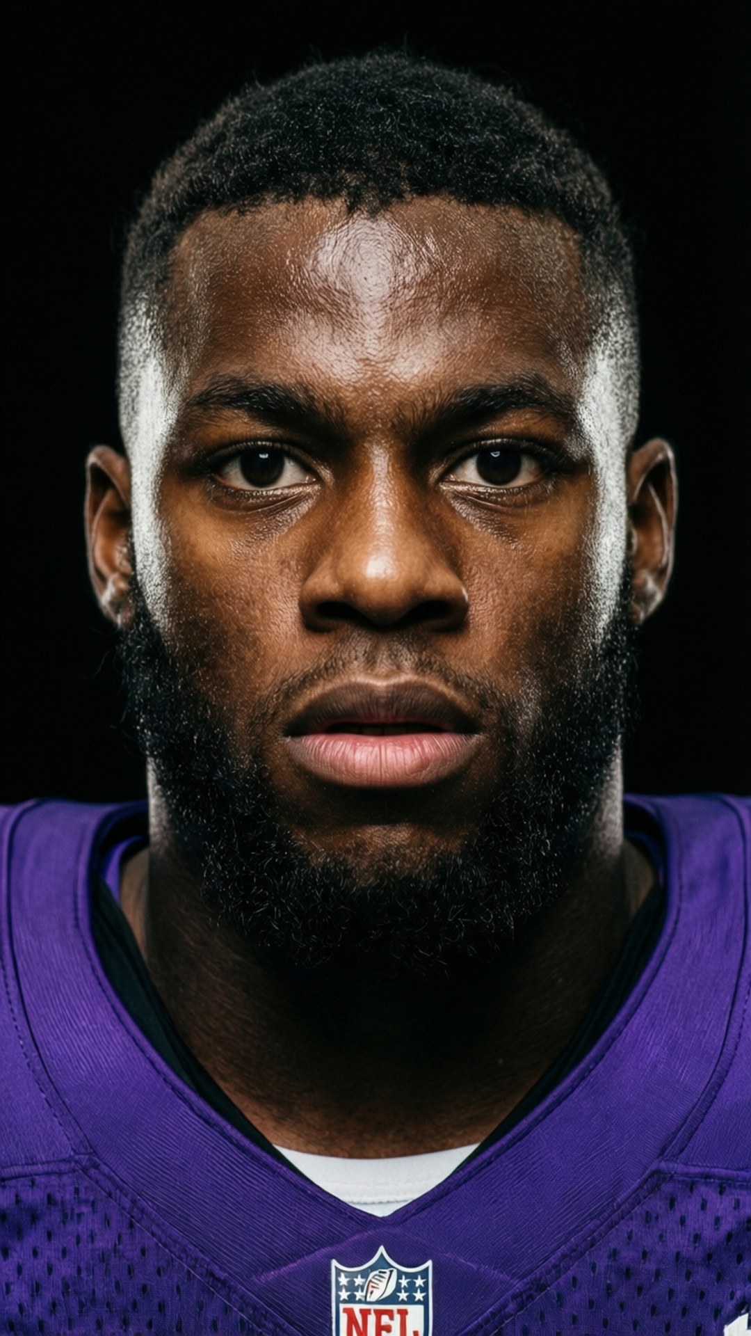 凝視聚焦 壁紙 — 一位嚴肅的黑人NFL美式足球運動員穿著紫色球衣，在黑色背景前的特寫肖像。