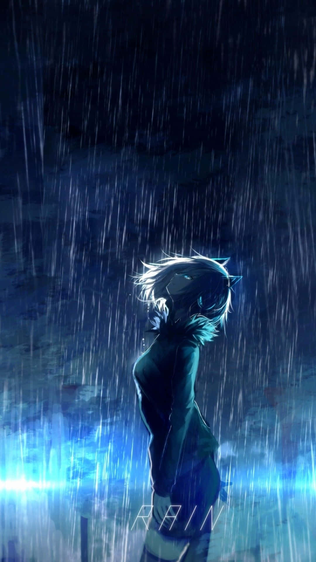 貓耳動漫女孩在夜晚的強雨中站在發光的藍光下。