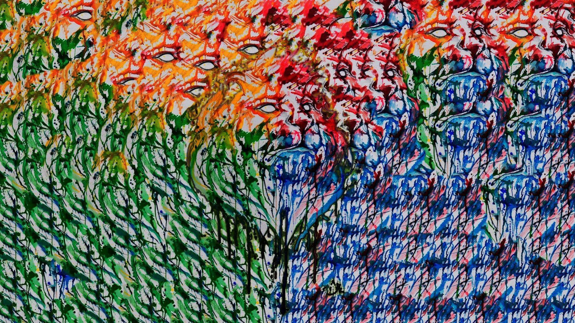 抽象藝術作品，帶有重複的風格化面孔，呈現鮮豔的橙紅色和藍綠色調。