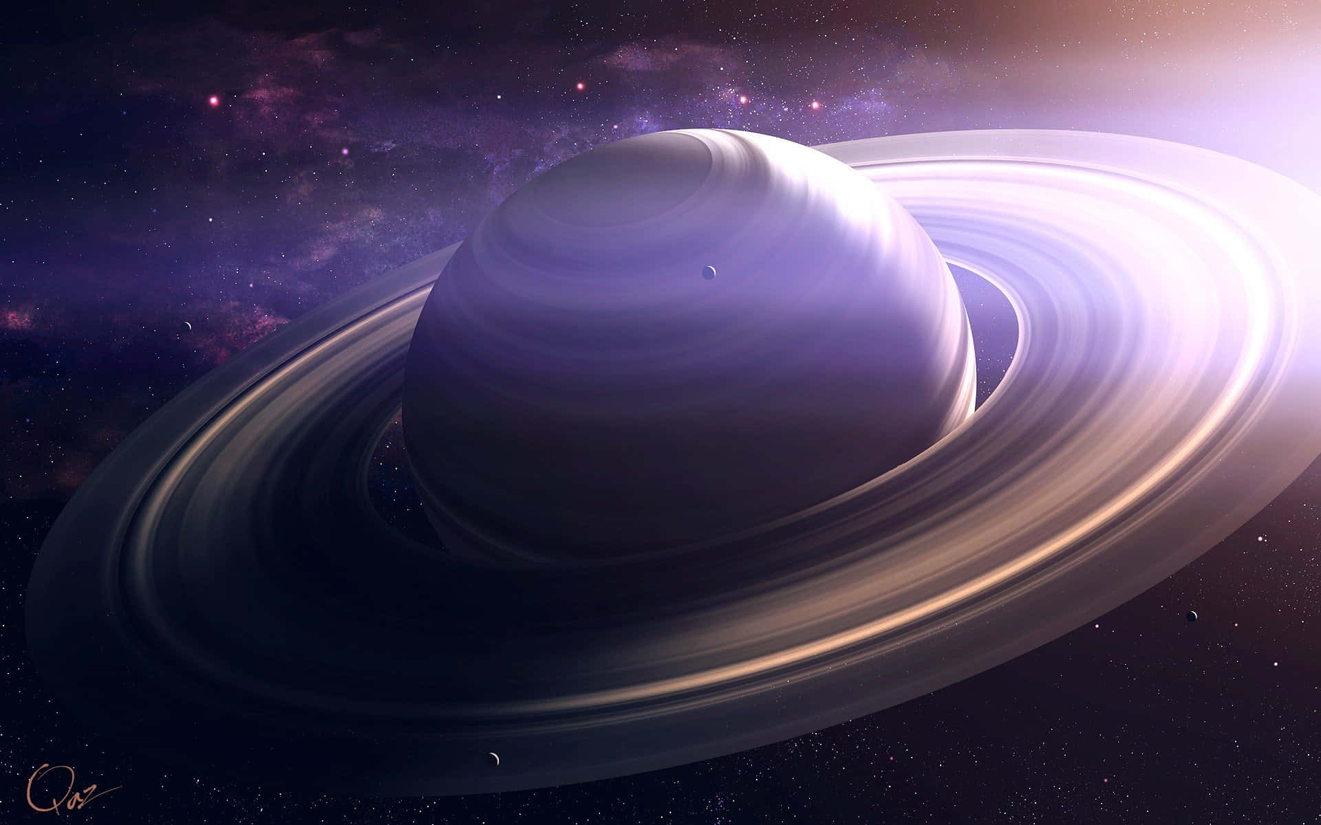 一顆紫色環狀行星漂浮在星光熠熠的星系中，伴隨著發光的星雲。