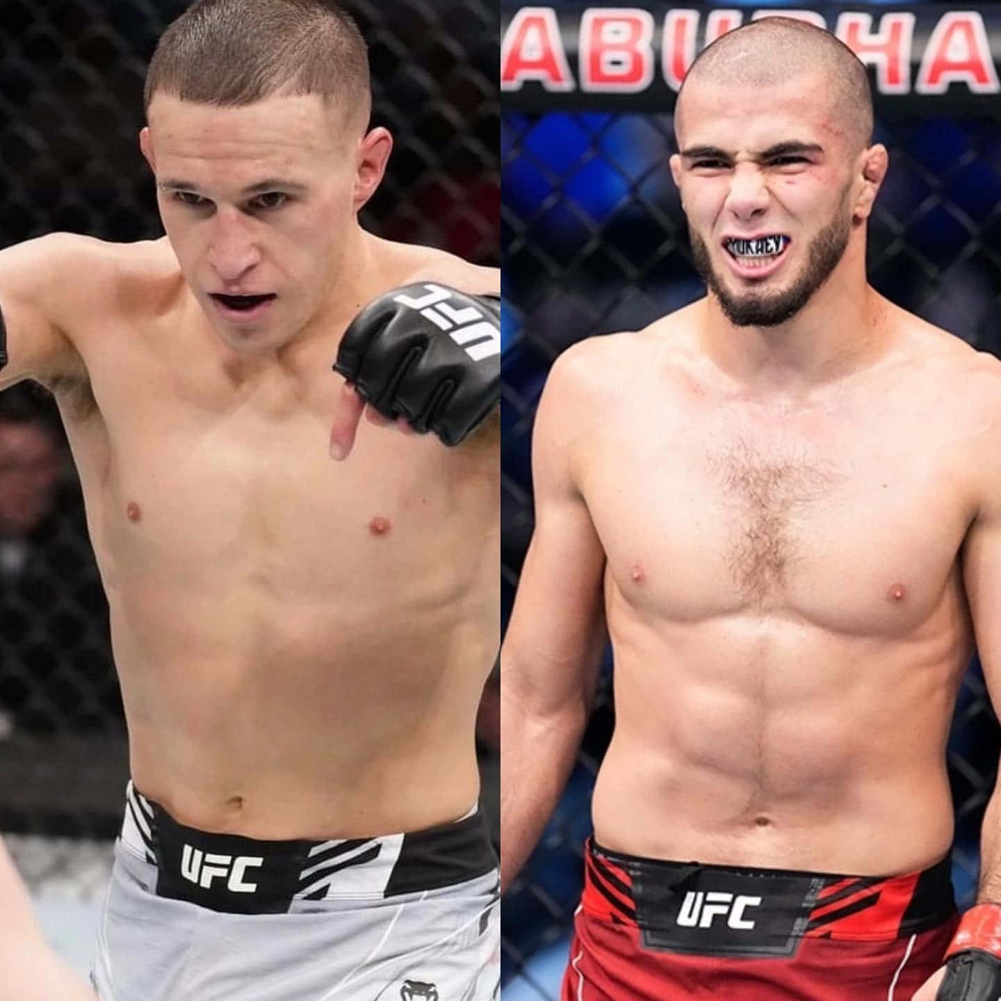 兩位身穿UFC裝備的男性MMA拳手在比賽中展現激烈表情。