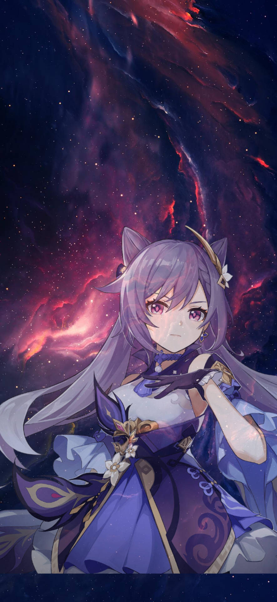 穿著紫色連衣裙的貓耳動漫女孩，以宇宙星雲為背景