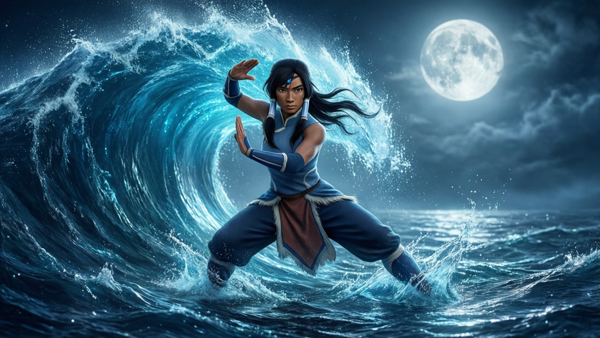 一位御水師在夜間滿月下操控著巨大的海浪。