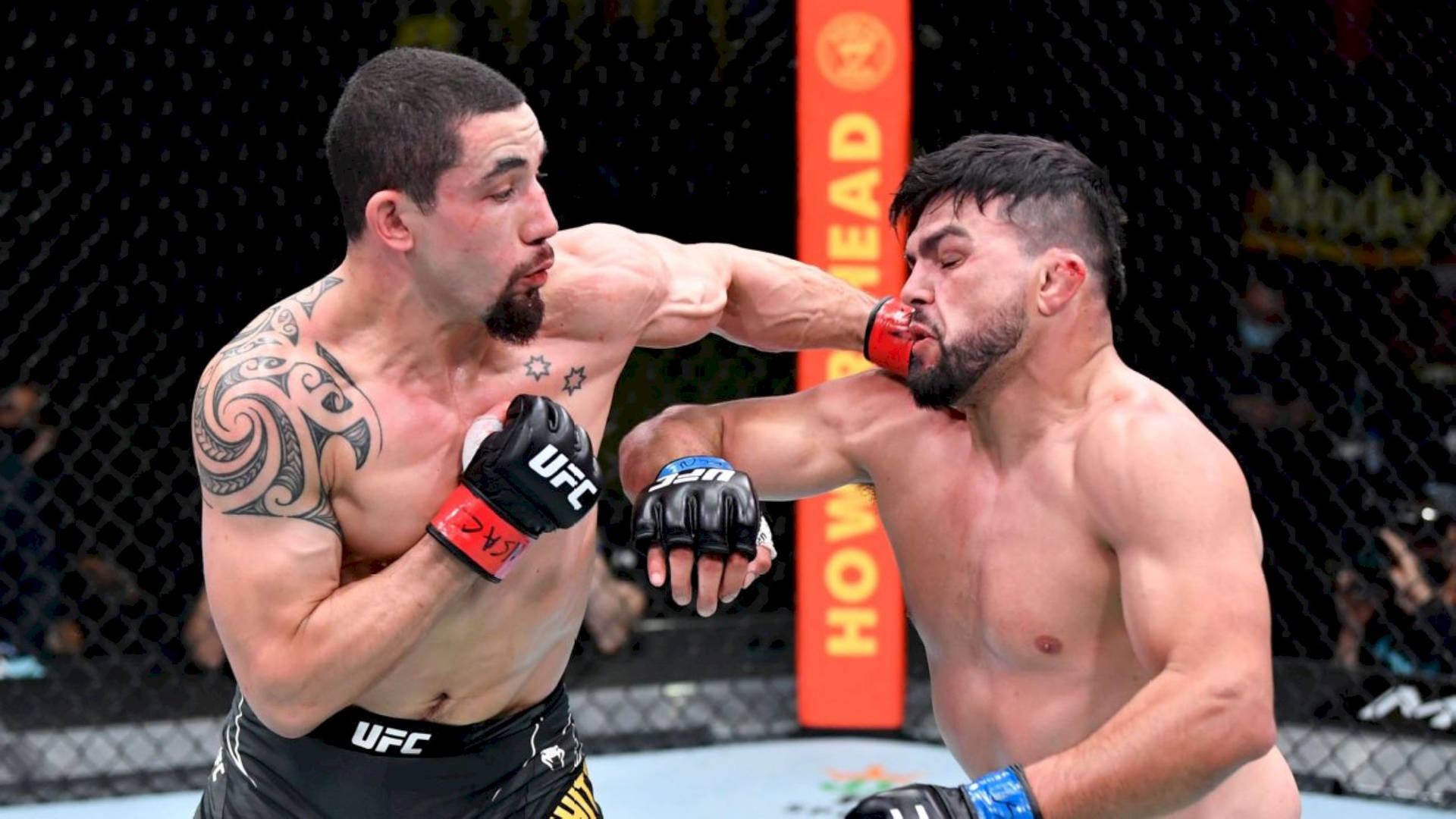 兩名MMA拳手在UFC比賽期間於八角籠內互相出拳。