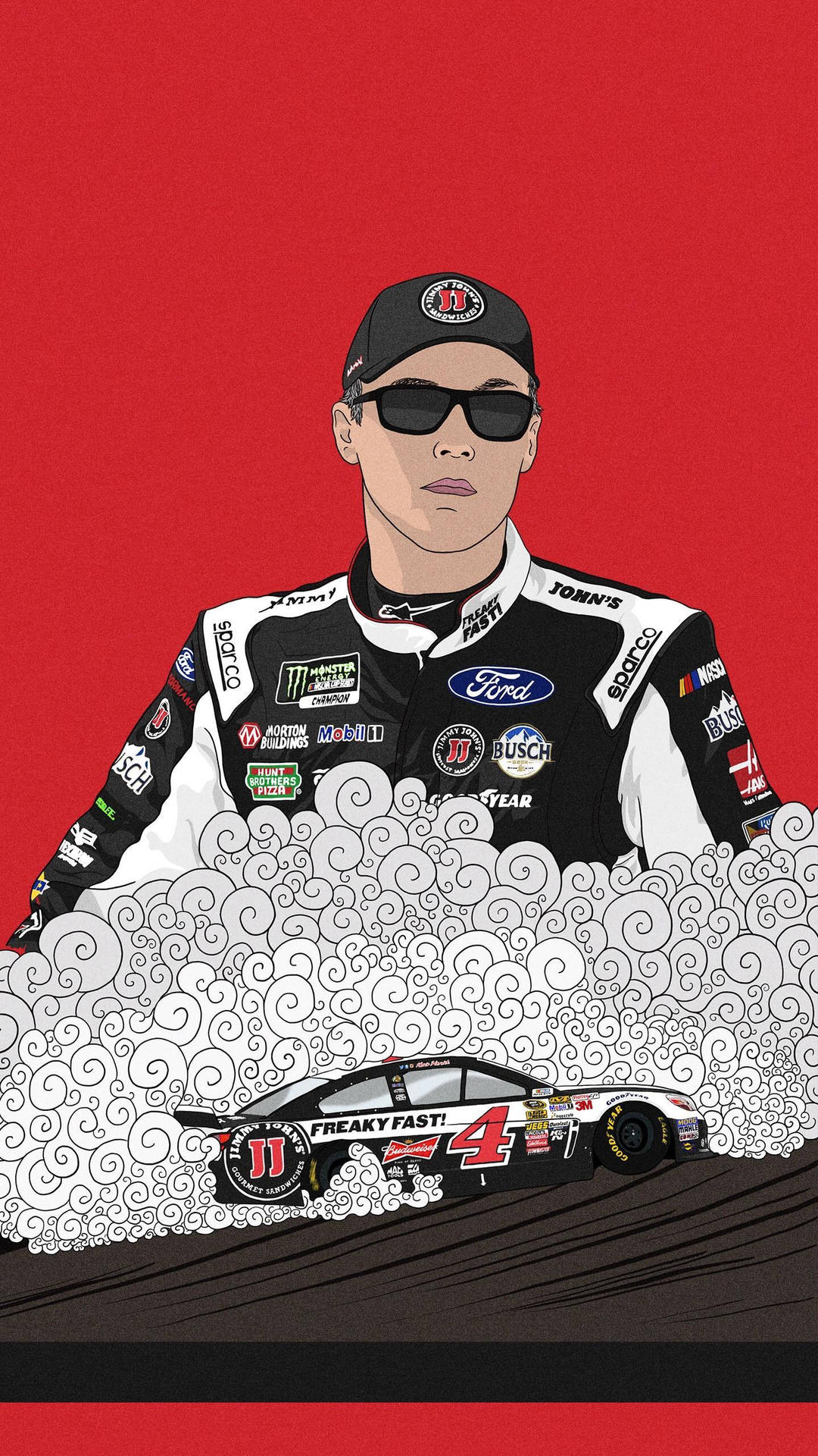 NASCAR車手穿著賽車服，賽車從紅色背景的煙霧中出現