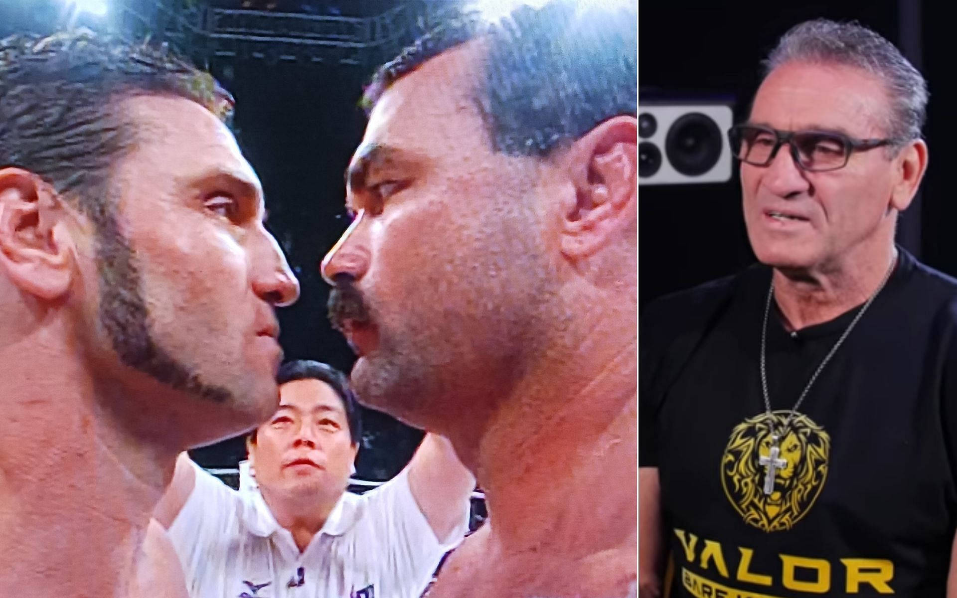 凱文·夏洛克反應他與唐·弗萊 壁紙 — 兩名肌肉發達的摔角手在擂台上激烈對峙，裁判在旁觀看，評述員在直播室注視著。