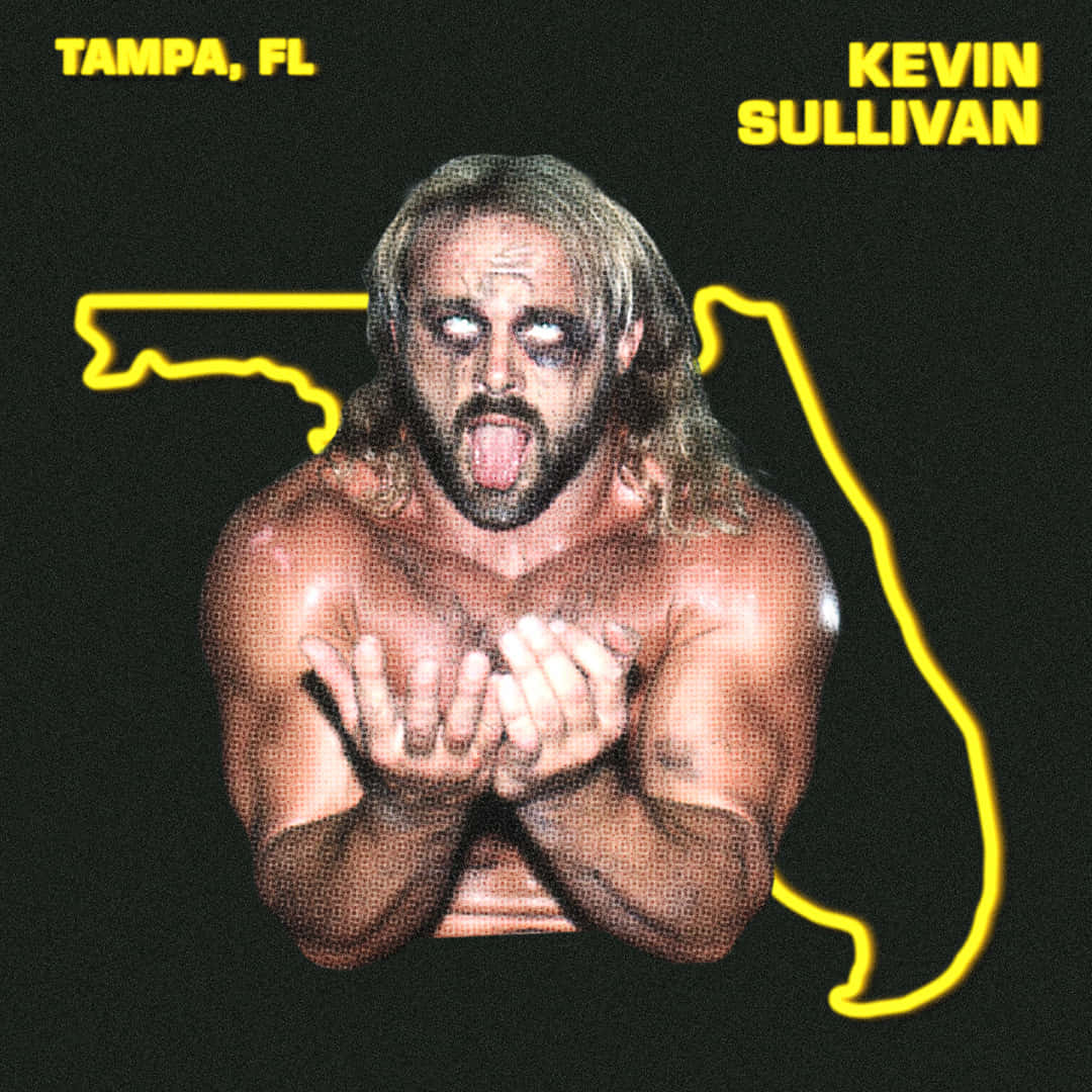摔角手 Kevin Sullivan 擺出伸出舌頭、手掌向上的姿勢，由黃色佛羅里達州輪廓框住。