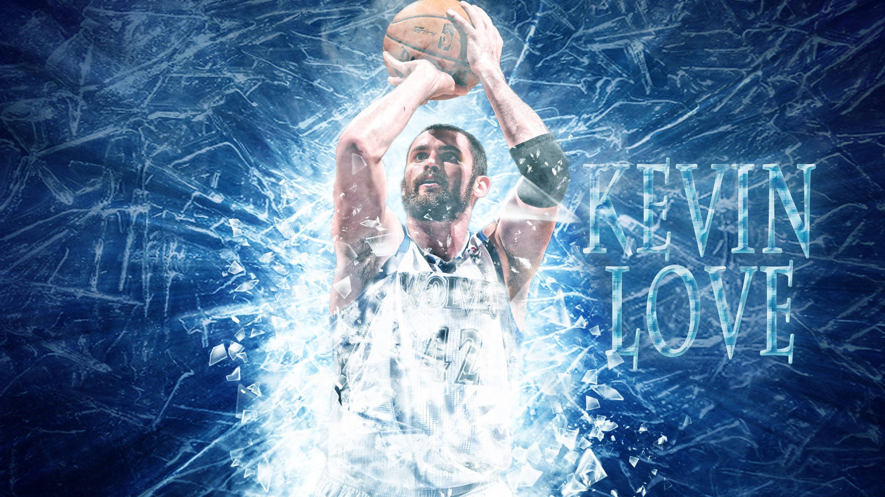 凱文·洛夫藍色粉絲藝術 壁紙 — 身穿白色球衣的籃球運動員 Kevin Love 投籃，帶有發光藍色碎玻璃效果，他的名字以風格化文字呈現。