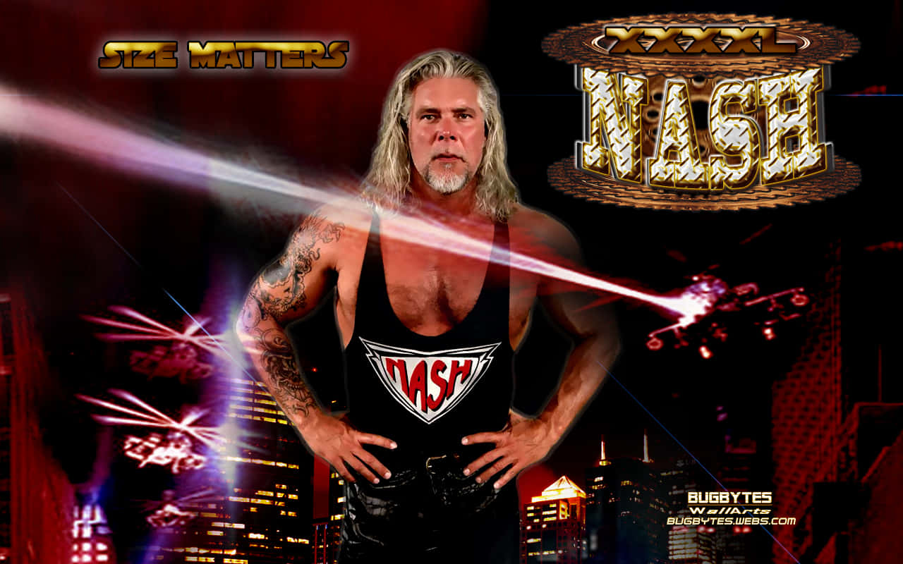 摔角手 Scott Hall 穿著印有 'NASH' 標誌的黑色背心，背景是發光的紅色城市天際線夜景。