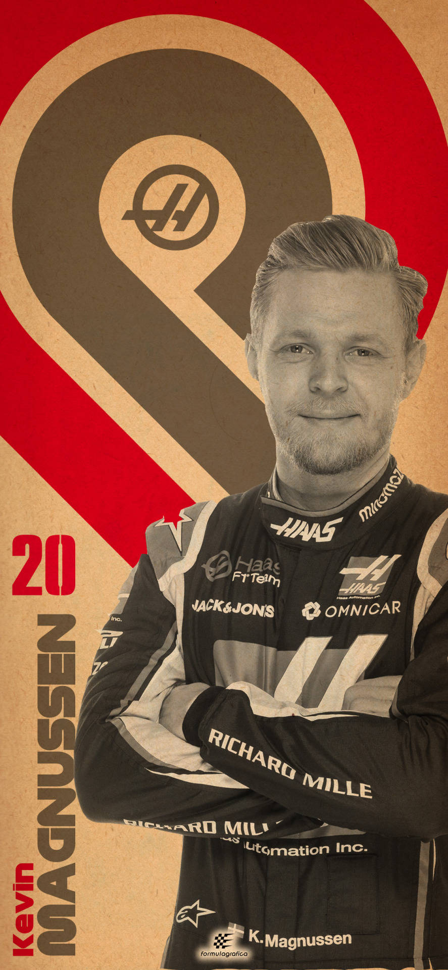 Kevin Magnussen穿著Haas F1 Team賽車服，雙臂交叉，顯示20號。
