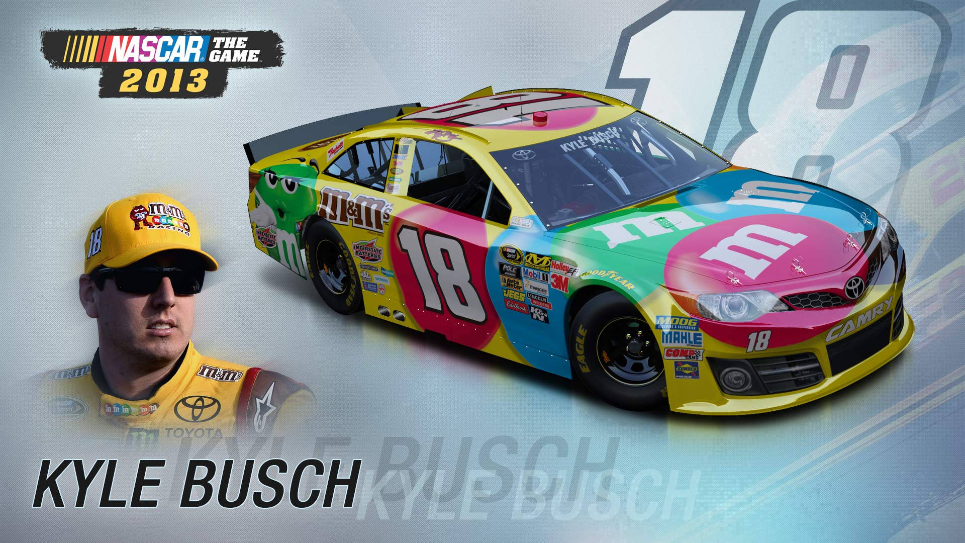 凱爾·布希NASCAR粉絲藝術 壁紙 — Kyle Busch 在他色彩繽紛的 M&M's 主題 NASCAR 賽車 18 號，來自 2013 年遊戲宣傳藝術。