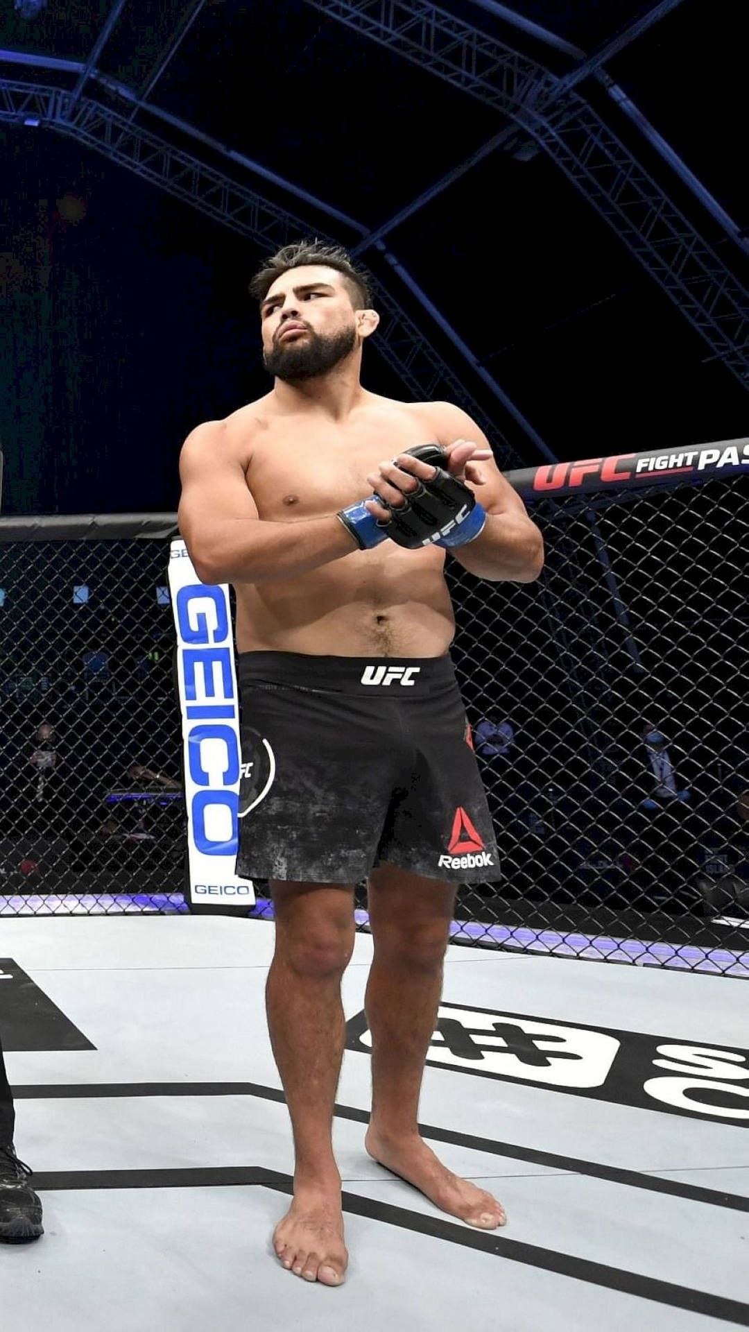 UFC拳手在八角籠內調整手套。