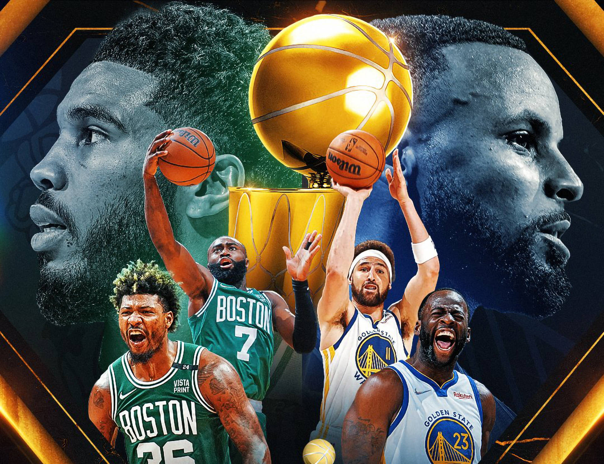 凱爾特人對戰勇士 NBA 桌面壁紙 壁紙 — 波士頓塞爾特人與金州勇士的NBA球員以冠軍獎盃和籃球慶祝的動態拼貼。