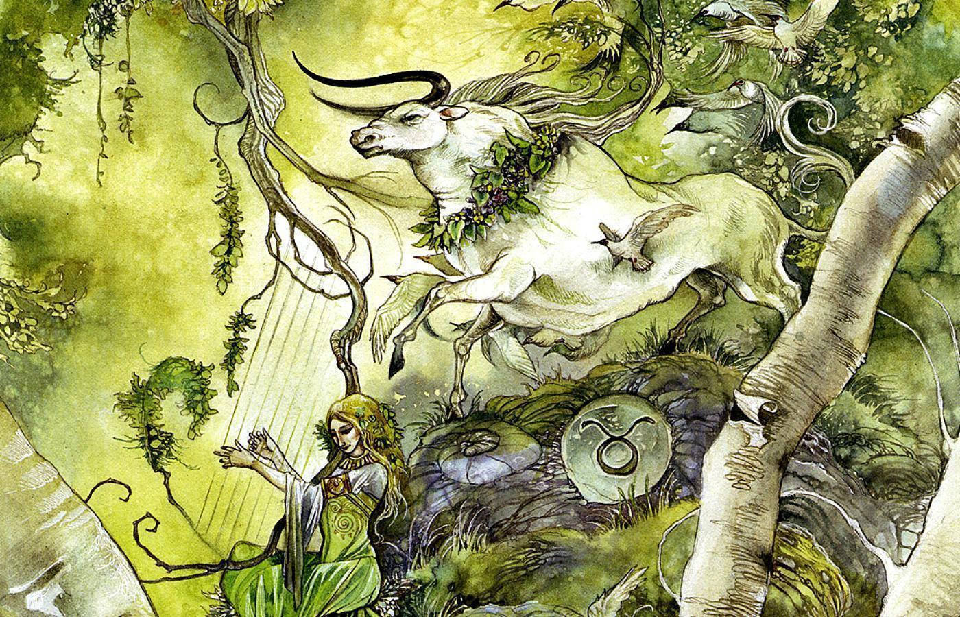 凱爾特風格金牛座 壁紙 — 一個神秘的水彩場景，描繪一位女子在翠綠茂密的森林中，於一頭裝飾著藤蔓、跳躍的白牛下方彈奏豎琴。