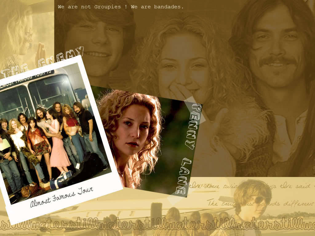 電影《Almost Famous》的海報拼貼畫，以棕褐色調呈現樂隊和演員。