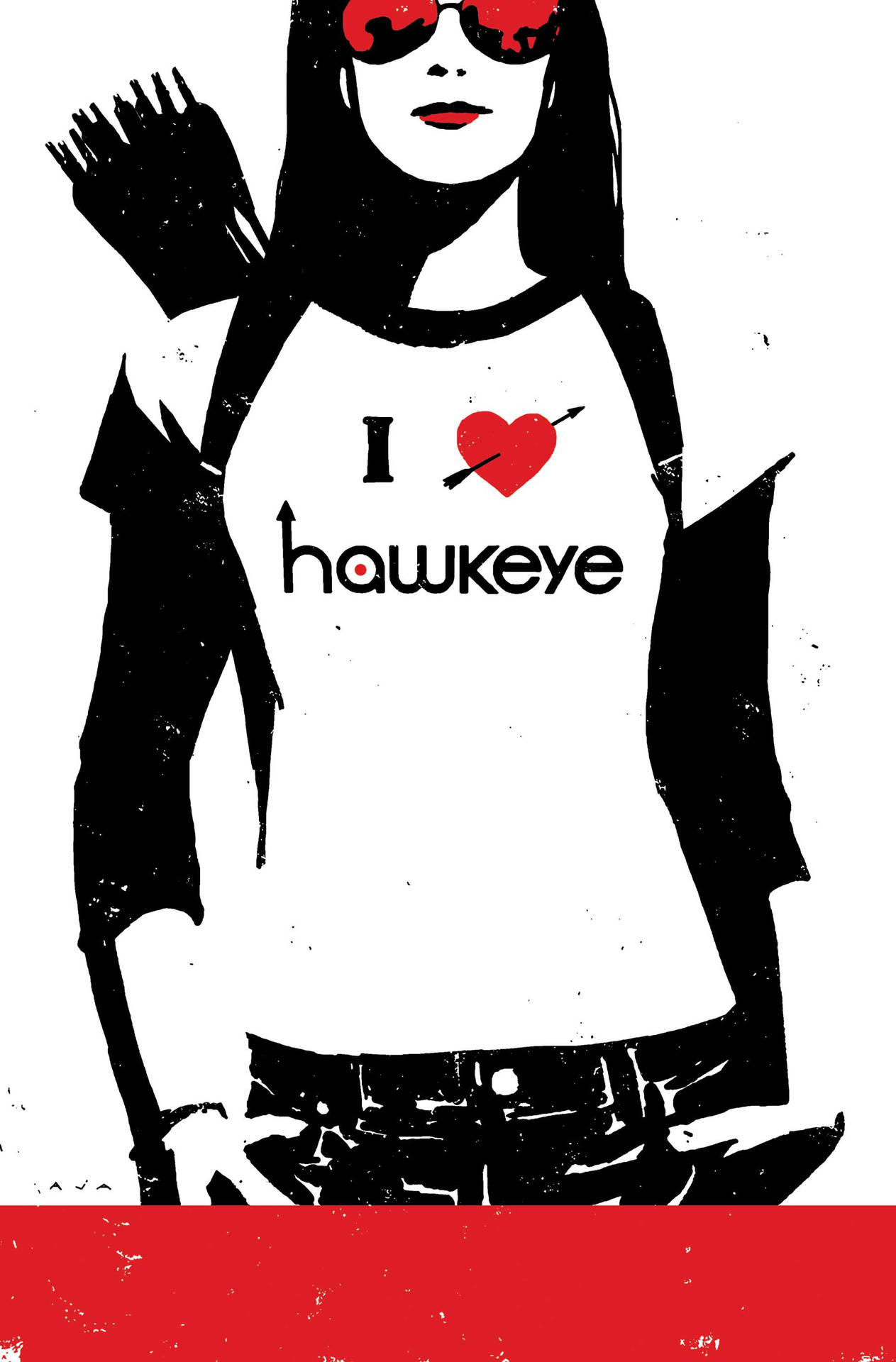 一位戴著太陽眼鏡、穿著「I heart Hawkeye」T恤的女性手持箭矢。
