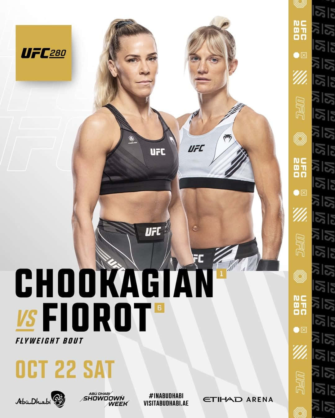 凱特琳·丘卡吉安對決馬諾·菲奧羅特 壁紙 — 兩名女性UFC拳手身穿運動裝備，在品牌宣傳背景前擺好姿勢，準備進行蠅量級比賽。