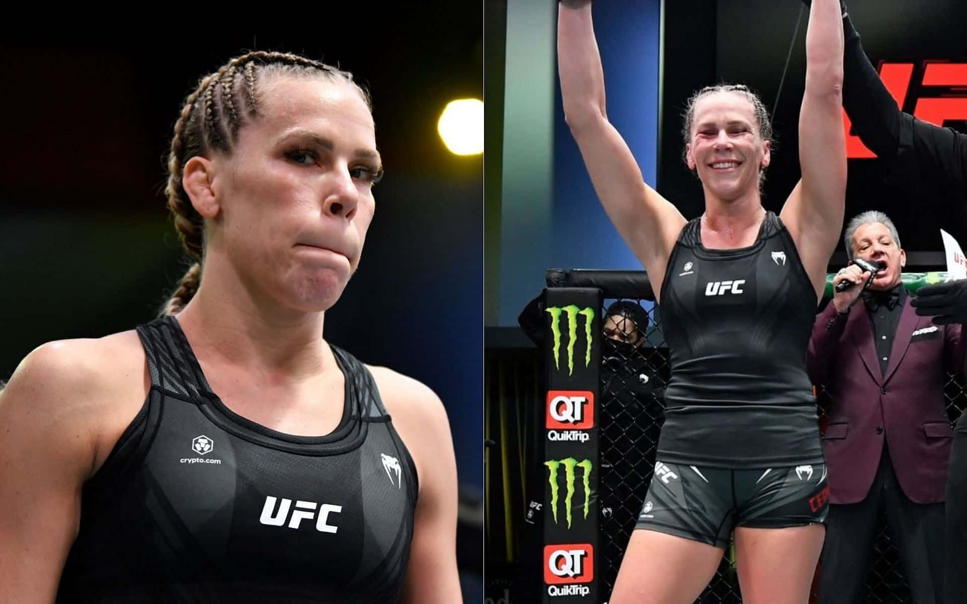 凱特琳·丘卡吉安編輯 壁紙 — UFC拳手在八角籠中高舉雙臂慶祝勝利，另一張照片則展示她賽前專注的神情。