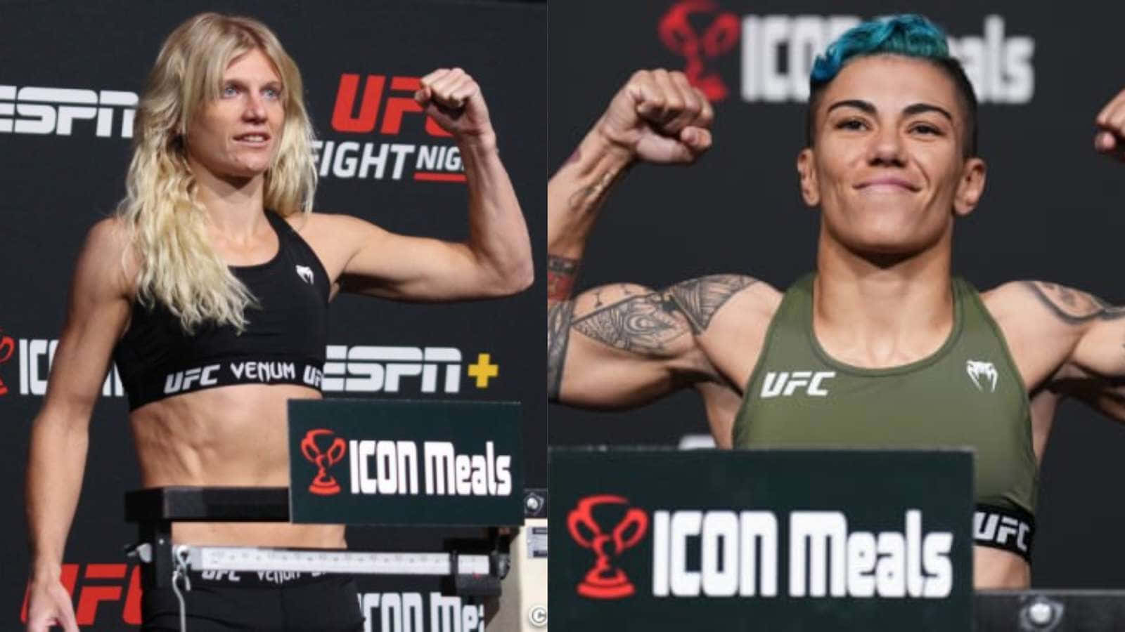凱特琳·丘卡吉安與傑西卡·安德拉德 壁紙 — 兩位女性UFC拳手在ESPN和ICON Meals品牌的稱重活動中展示肌肉。
