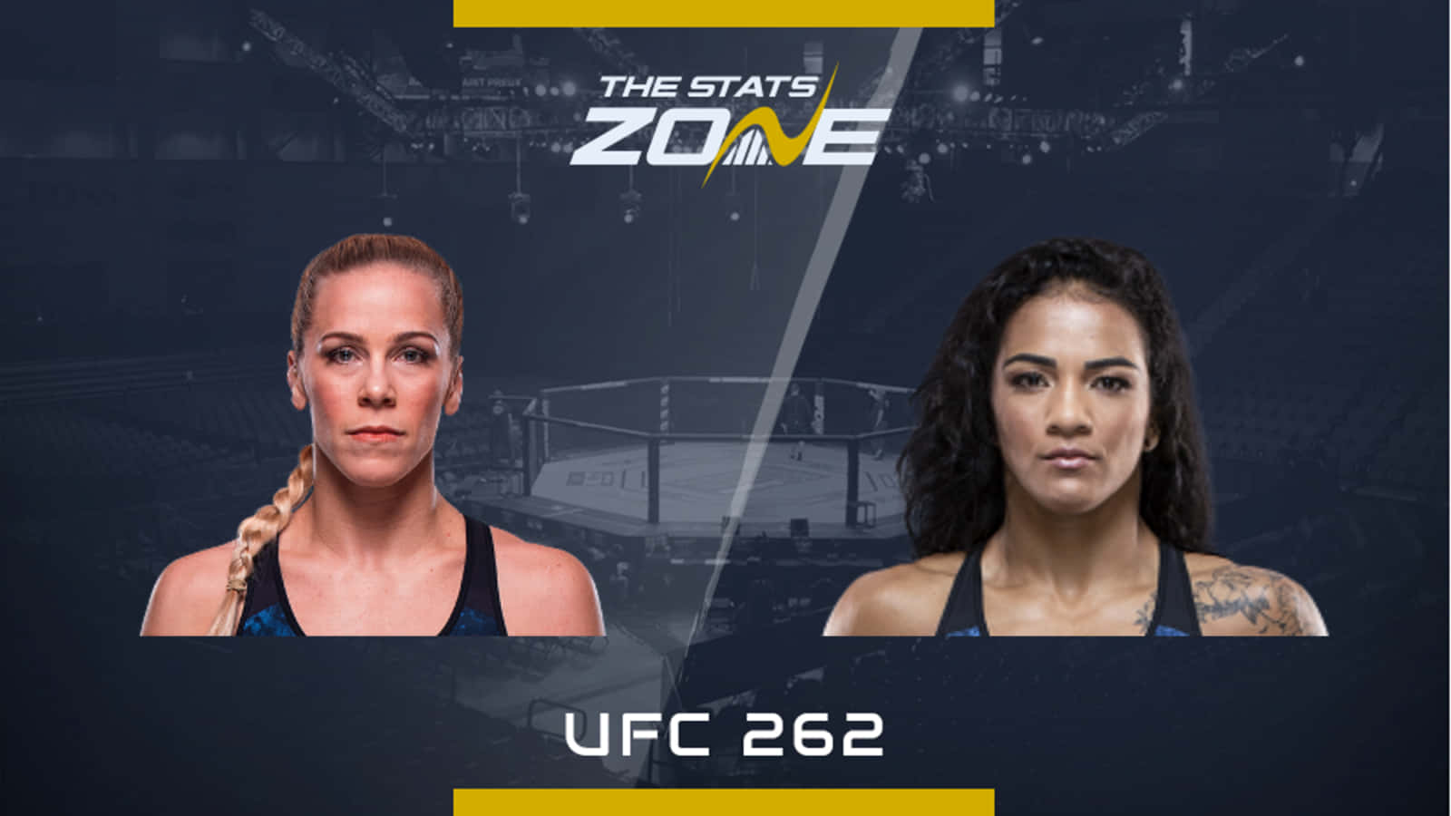 凱特琳·庫卡吉安 UFC 262 壁紙 — 兩名女性UFC拳手在黑暗的競技場背景下，帶着「UFC 262」和「The Stats Zone」品牌標誌，凝視鏡頭。