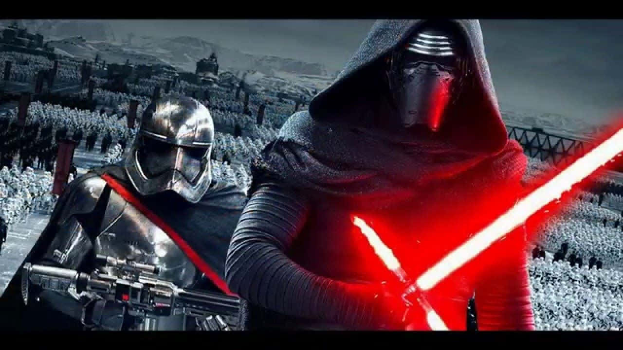 Cool Star Wars 桌布 壁紙 — 凱羅·忍揮舞紅色光劍，站在雪地戰場上，身旁是一名風暴兵，周圍是龐大的軍隊。
