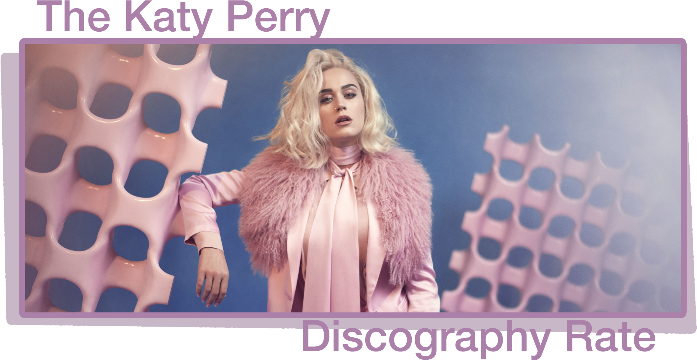 凱蒂·佩里專輯銷量促銷海報 壁紙 — Katy Perry 自信地擺姿勢，身穿粉紅色毛邊服裝，背景是超現實的粉紅色幾何圖案。