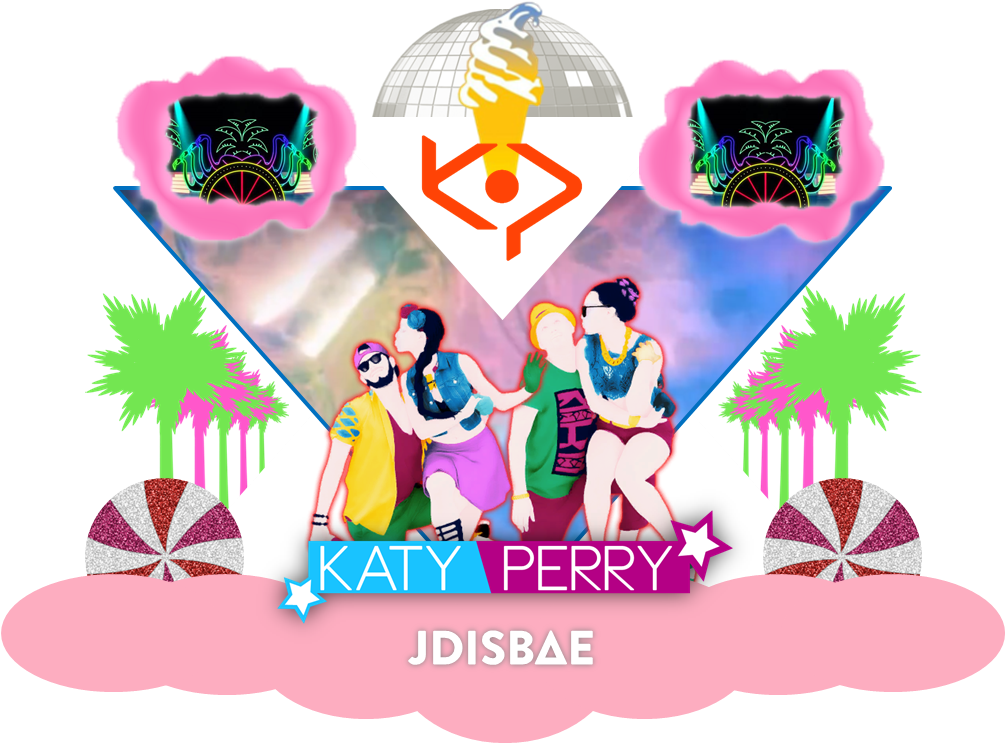 凱蒂·佩里波普藝術拼貼 壁紙 — Katy Perry 和朋友在迪斯科球下跳舞的充滿活力的數位插圖，配有棕櫚樹和糖果主題裝飾。