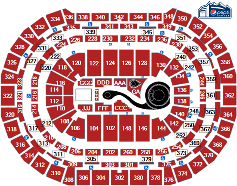 凱蒂·佩里演唱會座位圖 壁紙 — Pepsi Center 競技場的詳細紅黑座位表，標有編號區域和無障礙座位。