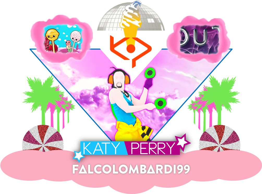 凱蒂·佩里粉絲藝術拼貼 壁紙 — 一幅充滿活力的數碼插圖，描繪Katy Perry在粉紅色天空、棕櫚樹和迪斯科球背景下，手持綠色啞鈴跳舞。