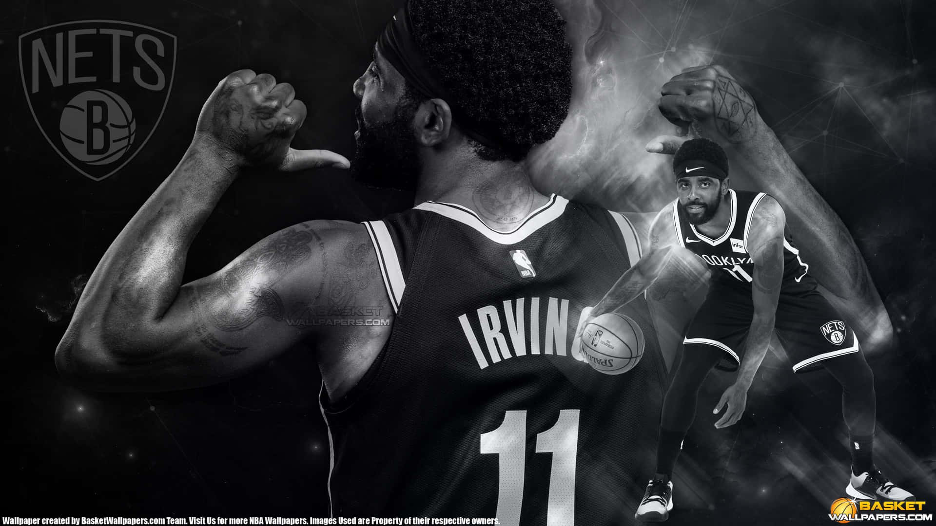 Kyrie Irving 身穿布魯克林籃網隊球衣，以黑白動態姿勢。