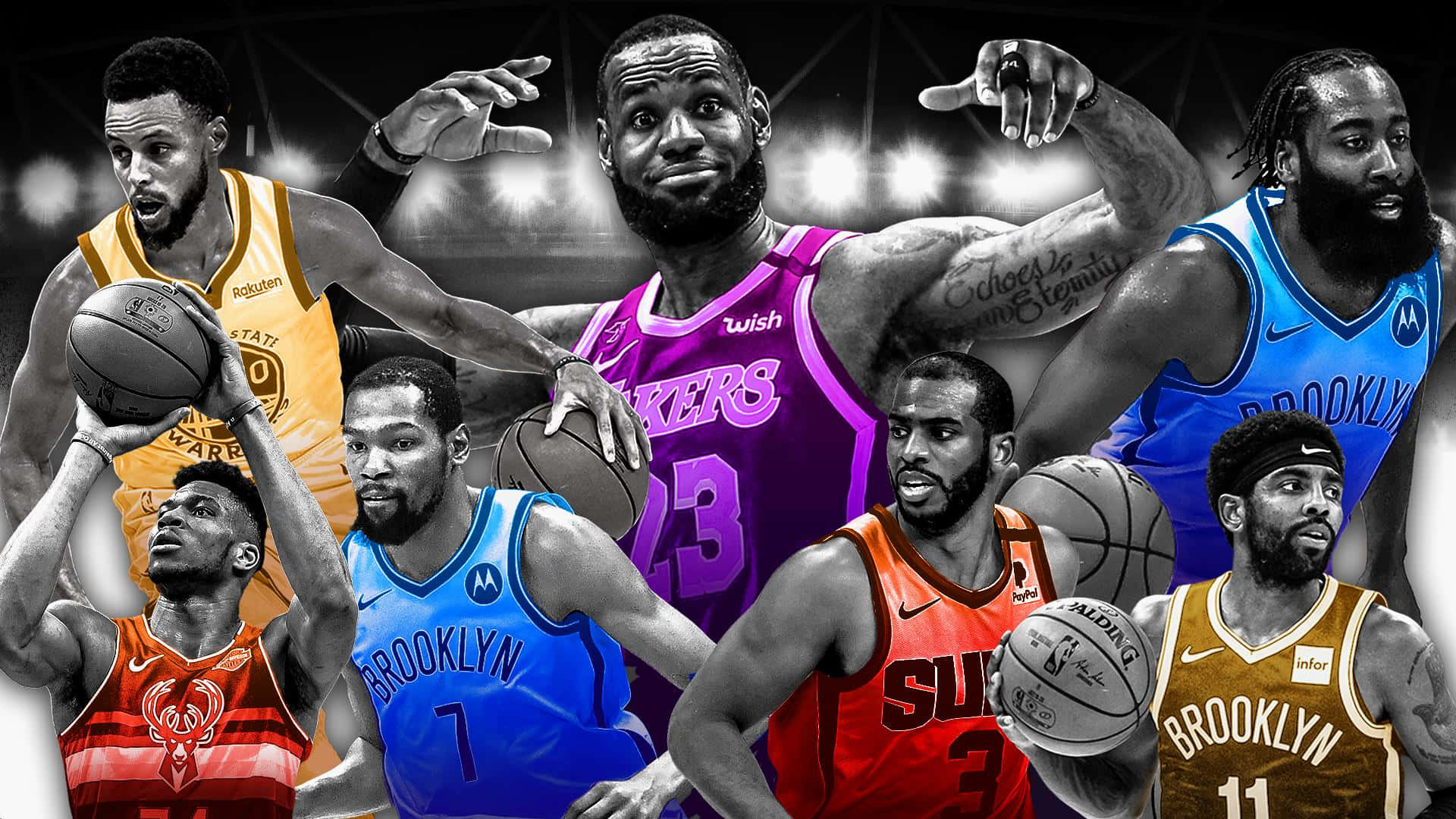 出手吧！ 壁紙 — 六位NBA籃球運動員身穿鮮豔隊服，在黑白球場背景下手持籃球擺姿勢的動態拼貼畫。