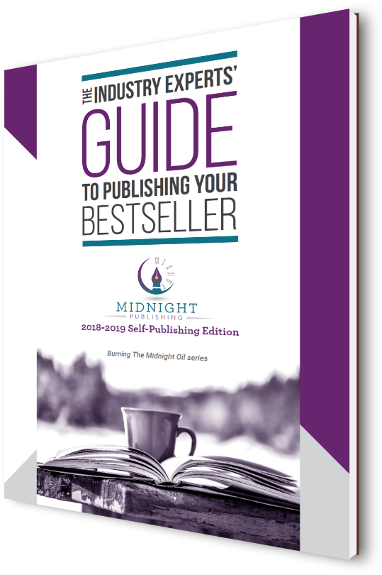 出版暢銷書指南書封面 壁紙 — 一本名為《The Industry Experts' Guide to Publishing Your Bestseller》的書，紫色書脊和封面，木質表面上有一本打開的書和咖啡杯。