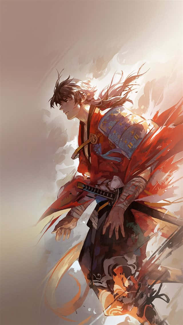 動漫武士戰士穿著紅色盔甲，在半空中揮劍的戰鬥姿勢。