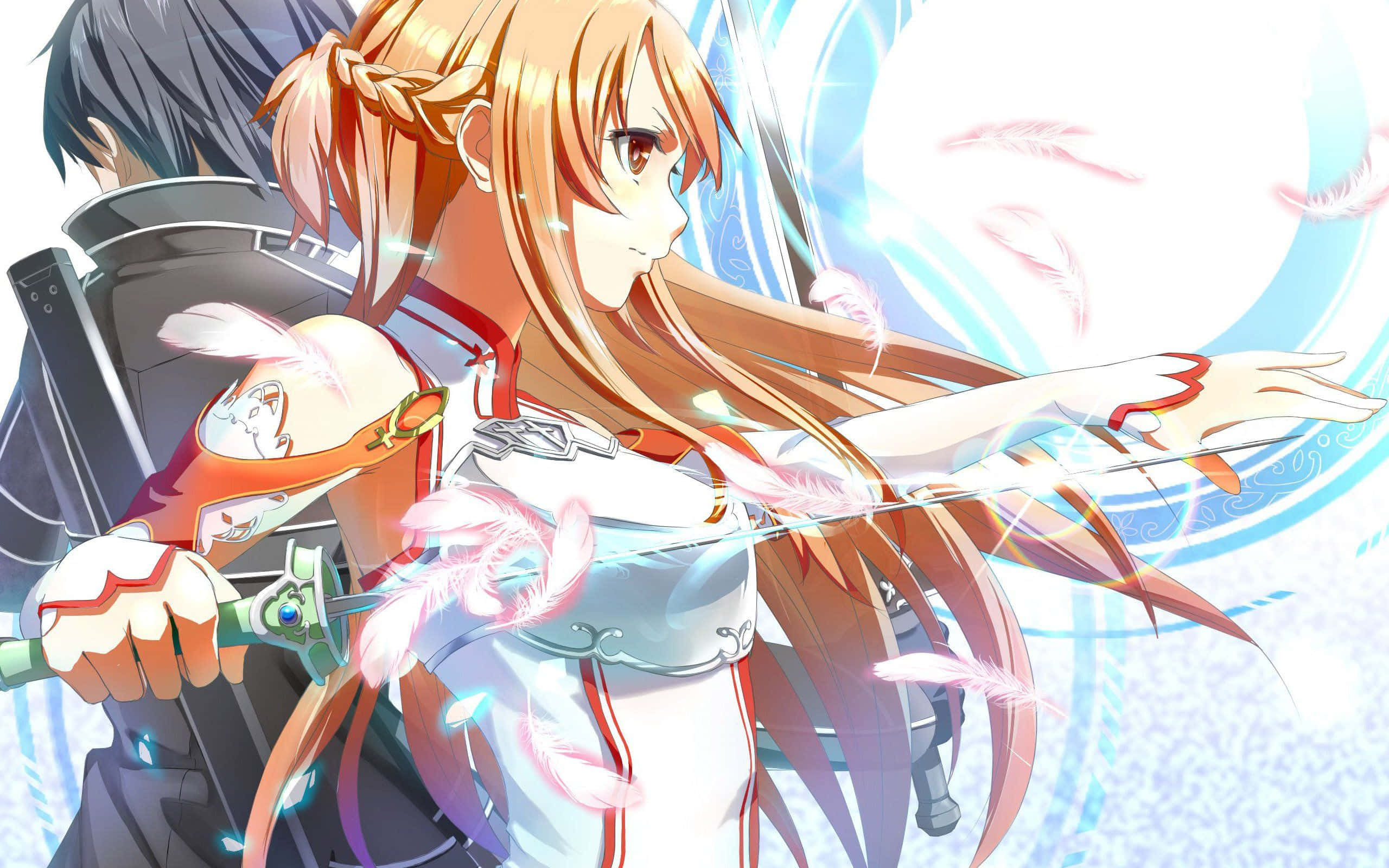 《刀劍神域》中的 Kirito、亞絲娜與 Yui 探索虛擬世界 壁紙 — 橙色頭髮的動漫女孩在明亮的藍色能量漩渦中揮舞著發光的劍，周圍漂浮著粉紅色的羽毛。